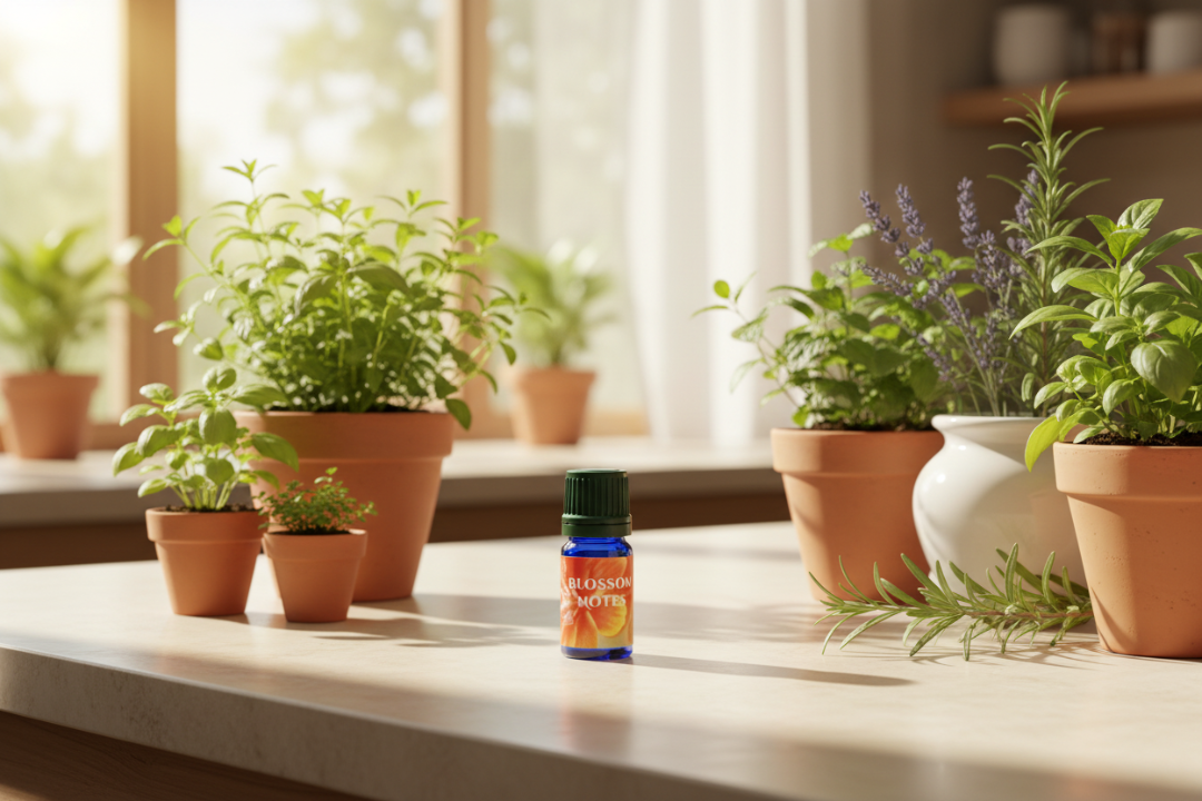 Bottle of 'Blossom Notes' essential oil on a white background