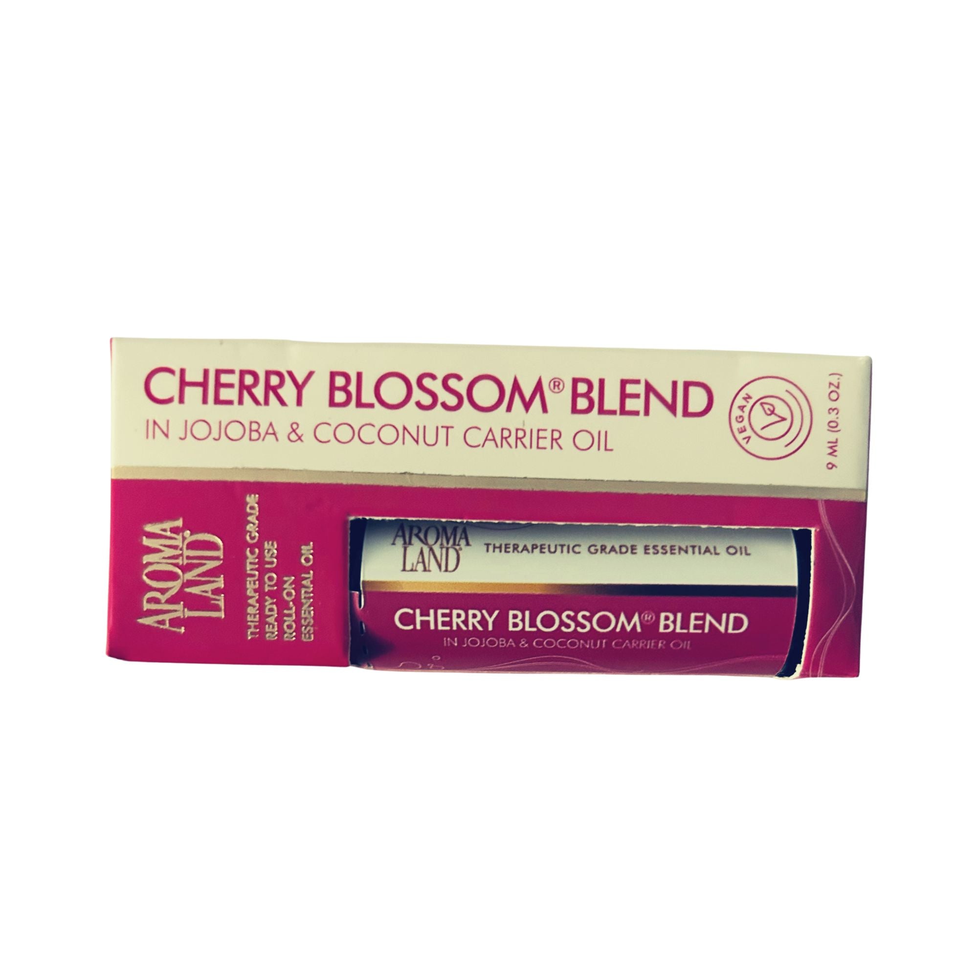 pink and white packaging showing cherry blossom oil blend in jojoba oil