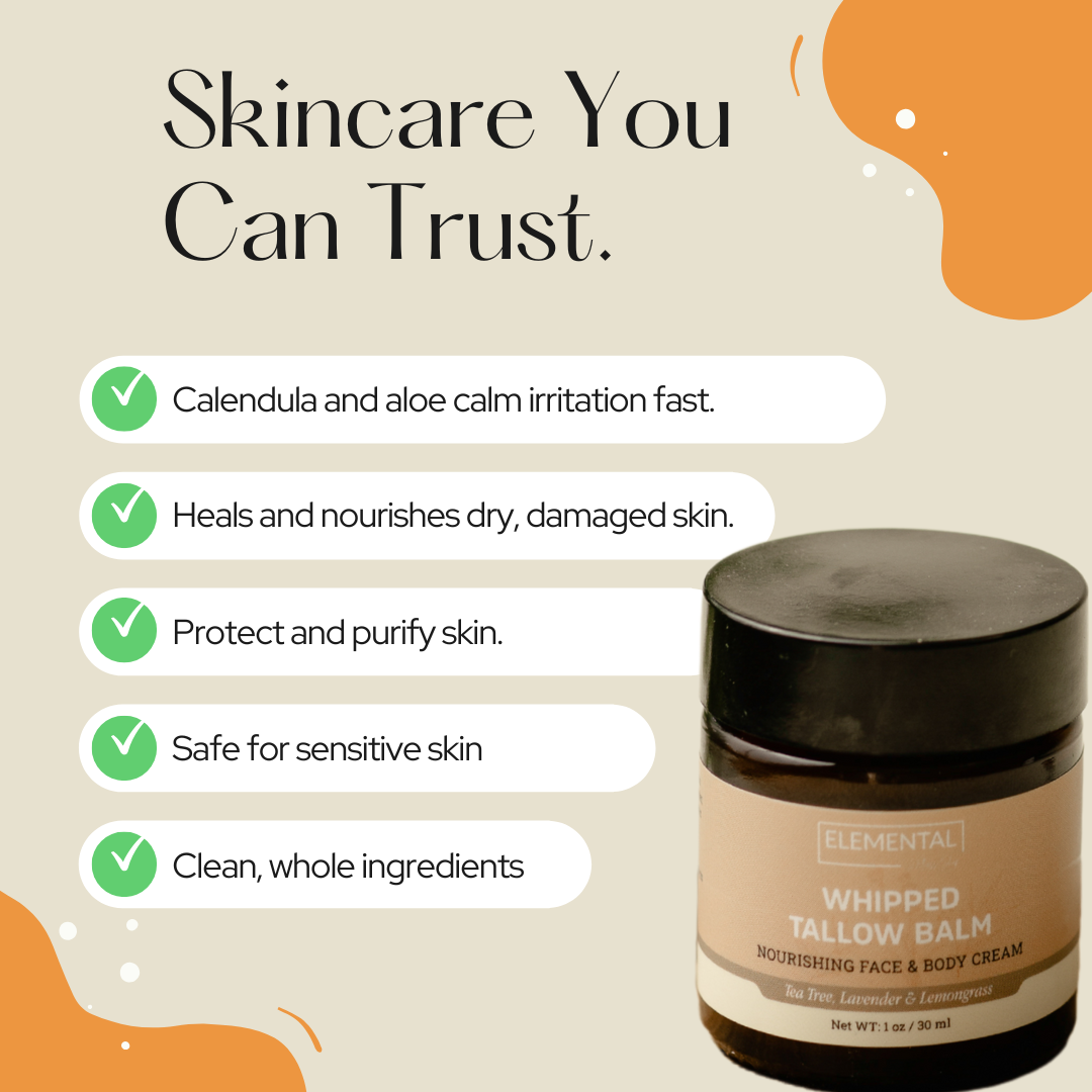 Elemental Whipped Tallow Balm jar with skincare benefits on a beige background