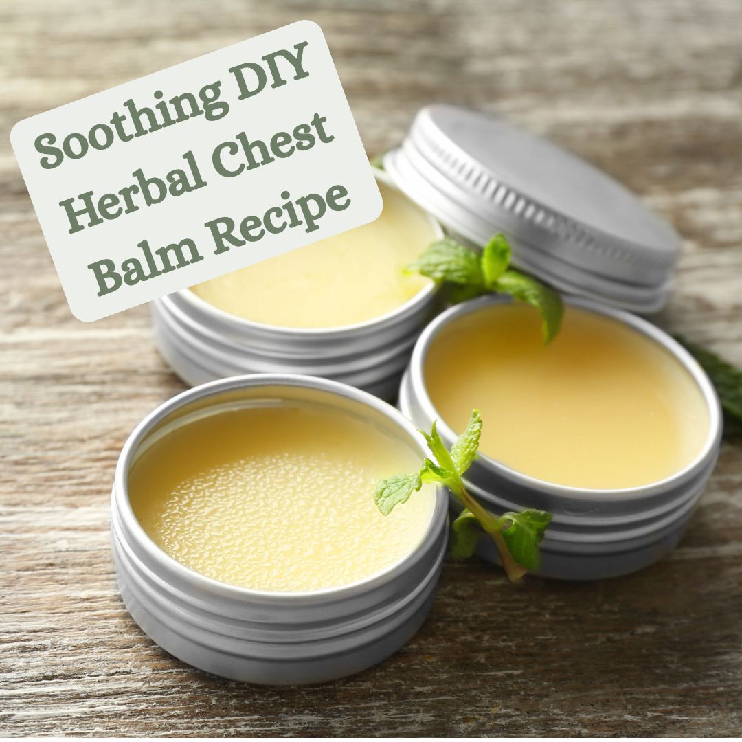 Three containers of herbal chest balm with a label on a wooden surface